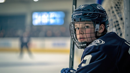 A hockey player leaning on their stick, looking focused, with a blurry crowd and scoreboard behind them.の素材