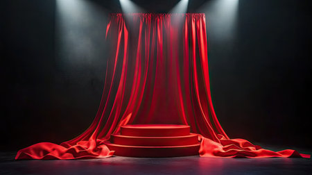 A luxurious presentation podium draped in red silk, illuminated by bright white spotlights on a dark stage.の素材