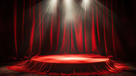 A grand stage scene with a red silk-covered podium, illuminated by a single dramatic spotlight.の素材