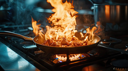 A high-angle shot of a frying pan on a gas stove burner with flames rising beneath it, cooking a meal.の素材