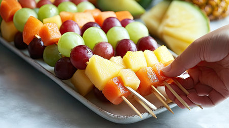 A hand reaching for a fresh fruit skewer topped with grapes, pineapple, and melon, at a summer buffet.の素材