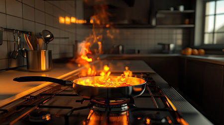 A modern kitchen with a frying pan on a gas burner, flames flickering beneath the pan as food cooks.の素材