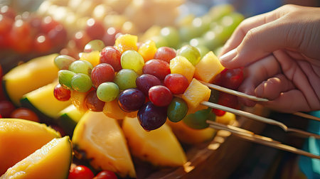 A hand reaching for a fresh fruit skewer topped with grapes, pineapple, and melon, at a summer buffet.の素材