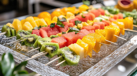 A group of fresh fruit skewers, with vibrant fruit like watermelon, kiwi, and orange slices, served on a glass tray.の素材
