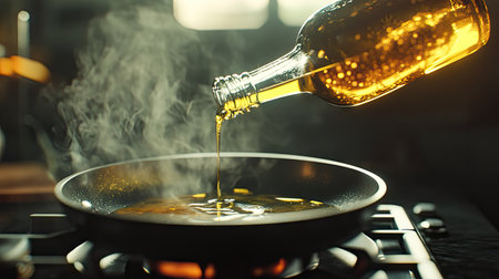 A glass bottle of olive oil being tilted over a hot frying pan, with steam rising in a modern kitchen.の素材