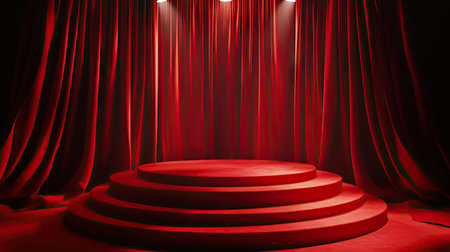 A luxurious red silk-covered podium with curtains in the background and spotlights enhancing the texture.の素材
