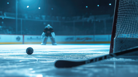 A hockey stick and puck on the ice, with a goalie in full gear positioned in the distance near the net.の素材