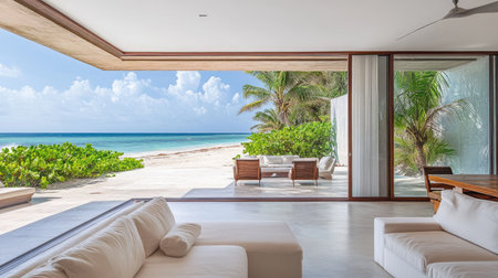 A minimalist home with floor-to-ceiling aluminum sliding doors opening to a beachside patio.の素材
