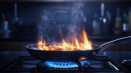 A frying pan on a gas burner with flames lighting up the cooking surface as food sizzles inside.の素材