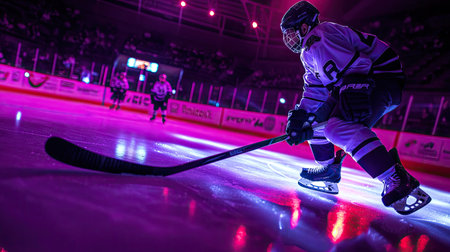 A hockey stick resting on the ice with a player in full gear skating in the background under bright arena lights.の素材
