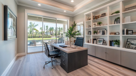 A home office with aluminum frame sliding doors providing natural light and access to a terrace.の素材
