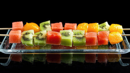 A group of fresh fruit skewers, with vibrant fruit like watermelon, kiwi, and orange slices, served on a glass tray.の素材