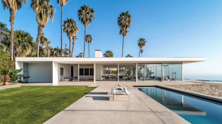 A minimalist home with floor-to-ceiling aluminum sliding doors opening to a beachside patio.の素材