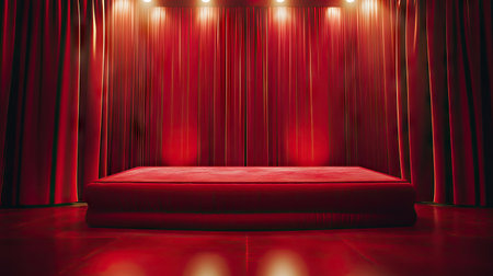 A luxurious red silk-covered podium with curtains in the background and spotlights enhancing the texture.の素材