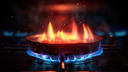 A gas stove with a frying pan sizzling, flames brightly visible beneath the pan as ingredients are being cooked.の素材
