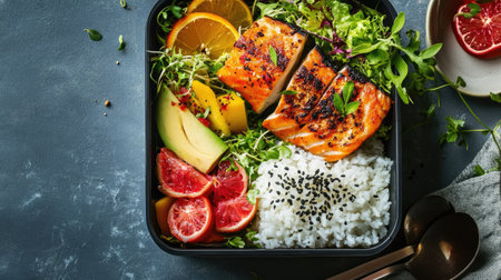 A Japanese bento box with rice, roasted fish, salad, and slices of fruit arranged neatly for lunch.の素材