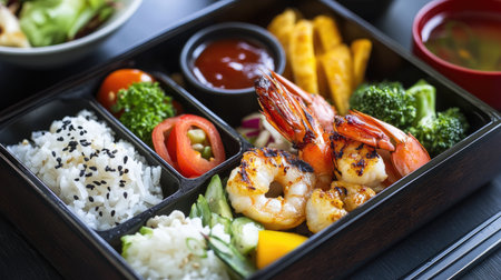 A Japanese bento box with steamed rice, grilled shrimp, and colorful vegetable sides, arranged for a satisfying meal.の素材
