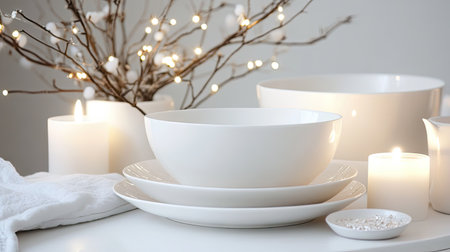 A minimalist holiday table with white dishes, simple candles, and a centerpiece of bare branches and fairy lights.の素材