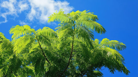 A lush tree crown with bright green leaves, set against a beautiful blue sky with a few fluffy clouds.の素材