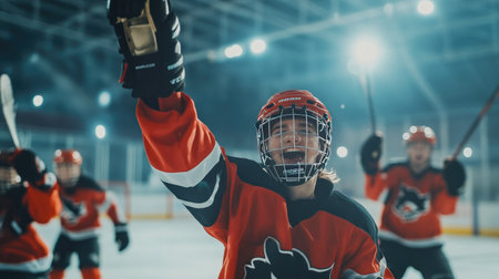 A hockey player celebrating a goal, raising their stick high with teammates skating toward them.の素材