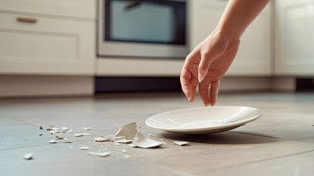 A hand carefully picking up a broken ceramic plate fragment from the floor in a modern kitchen setting.の素材