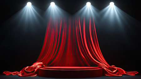 A luxurious presentation podium draped in red silk, illuminated by bright white spotlights on a dark stage.の素材