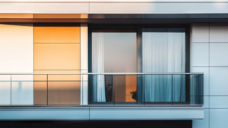 A modern apartment with aluminum sliding doors leading to a balcony with a glass railing.の素材