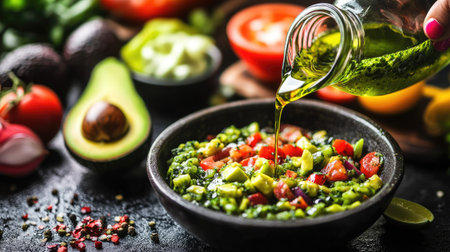 A hand pouring avocado oil into a stainless steel pan, with colorful ingredients in the background.の素材