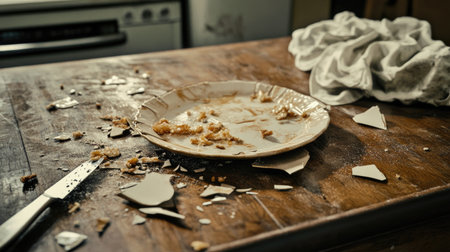 A kitchen scene with a broken ceramic plate and fragments scattered across a wooden surface with spilled food.の素材
