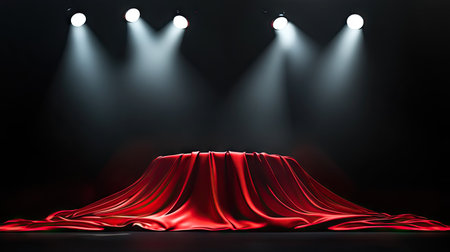 A luxurious presentation podium draped in red silk, illuminated by bright white spotlights on a dark stage.の素材