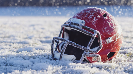 A helmet lying on snow-covered turf, emphasizing a winter football game theme.の素材