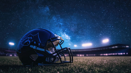 A helmet on the edge of a field under a starry night sky, with stadium lights glowing faintly in the distance.の素材