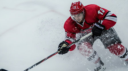 A hockey player in mid-shot, their stick striking the puck, with snow-like ice spray rising.の素材