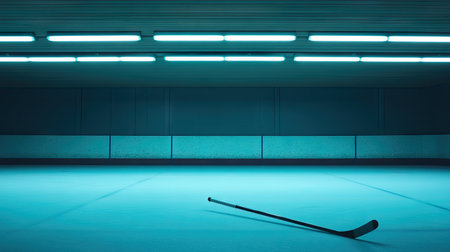 A lone hockey stick leaning against the boards of an empty ice rink under soft fluorescent lighting.の素材