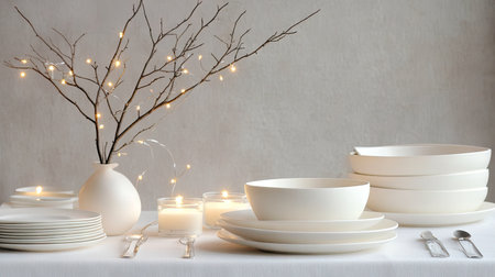 A minimalist holiday table with white dishes, simple candles, and a centerpiece of bare branches and fairy lights.の素材