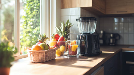 A kitchen counter with a blender, fresh fruit baskets, and smoothie glasses ready to serve.の素材