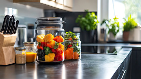 A modern kitchen with a blender and jars of prepped fruit combinations, ready for smoothie making.の素材