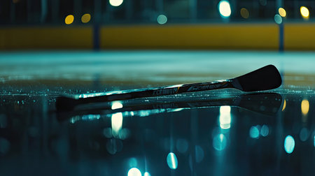 A hockey stick and puck placed on a smooth ice surface, reflecting soft arena lights.の素材