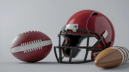 A mix of sports equipment including a rugby ball, football helmet, and baseball bat, all isolated on a white background.の素材