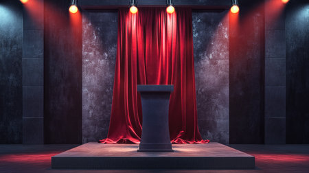 A modern podium wrapped in red silk fabric, illuminated by spotlights in a formal conference room.の素材