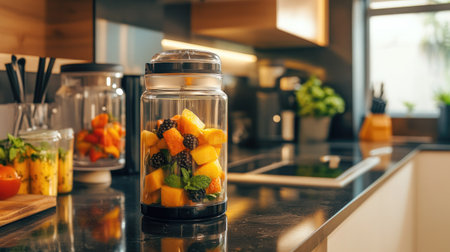 A modern kitchen with a blender and jars of prepped fruit combinations, ready for smoothie making.の素材