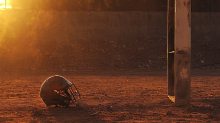 A helmet left near the field goal post, illuminated by golden-hour sunlight.の素材