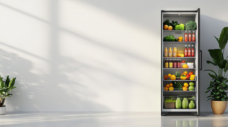 A modern open fridge filled with fresh vegetables, fruits, and drinks, arranged in an organized way against a simple white wall.の素材