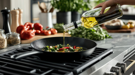 A home chef pouring oil into a cast-iron skillet on a stovetop, with fresh ingredients ready for cooking.の素材