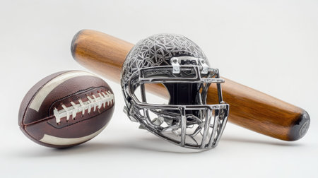 A mix of sports equipment including a rugby ball, football helmet, and baseball bat, all isolated on a white background.の素材