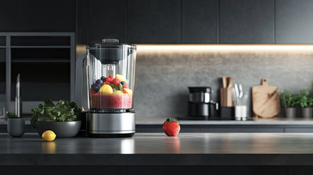 A modern kitchen scene with a high-tech blender filled with frozen fruits, ready to make a smoothie bowl.の素材