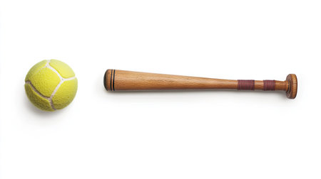A collection of popular sports items, including a cricket bat, tennis ball, and soccer ball, isolated on white.の素材