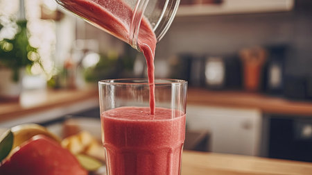 A close-up of a blender pouring a fresh fruit smoothie into a glass, with a kitchen in the background.の素材