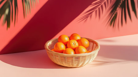 A minimalist setup featuring a rattan basket with oranges, surrounded by subtle red and gold accentsの素材