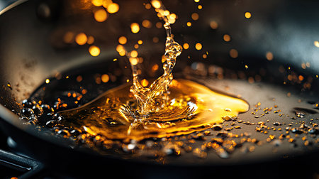 A close-up of oil splashing gently into a hot frying pan, with the stovetop burners glowing.の素材